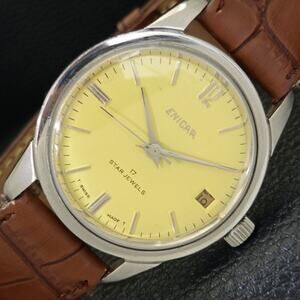 Vintage 1972 Enicar Automatic Mens Silver Watch & Yellow accents